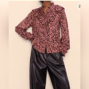 ZARA Animal Print Ruffle Blouse Blush Long Sleeve Button-Up Sz Small
